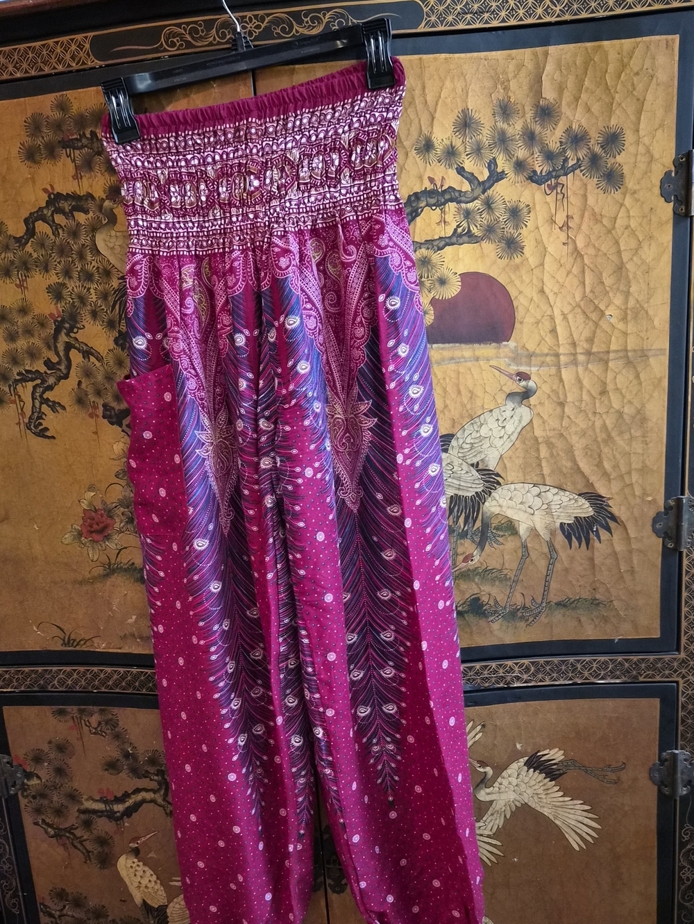 NEW!!! Smocked Waist Magenta Cropped Pants with Peacock Feather Print
